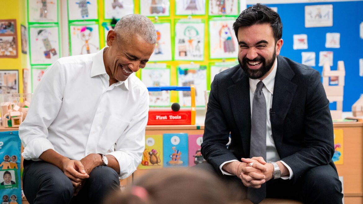 NEW YORK, NEW YORK - APRIL 18: Former President Barack Obama and Mayor Zohran Mamdani laugh together while visiting Learning Through Play Pre-K on April 18, 2026 in the Bronx borough of New York City. (Photo by Angelina Katsanis - Pool/Getty Images)