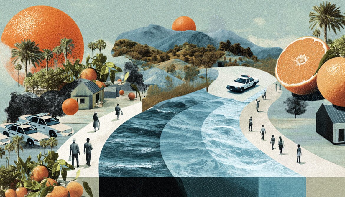 An illustration depicting areas of critical public need in California, symbolized by large oranges, a flowing waterway, police cars and various landscapes