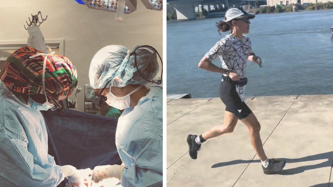 composite image of two women in scrubs during a transplant operation and woman running in triathlon kit on sidewalk