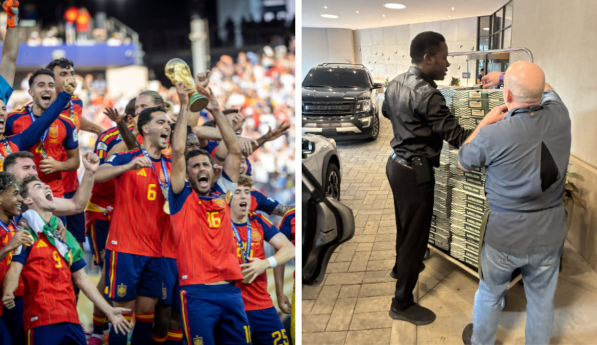 Left, Spain celebrates winning the World Cup final. Right, pizzas from Bagels by Jarrett are delivered to Spain's hotel in Montclair.