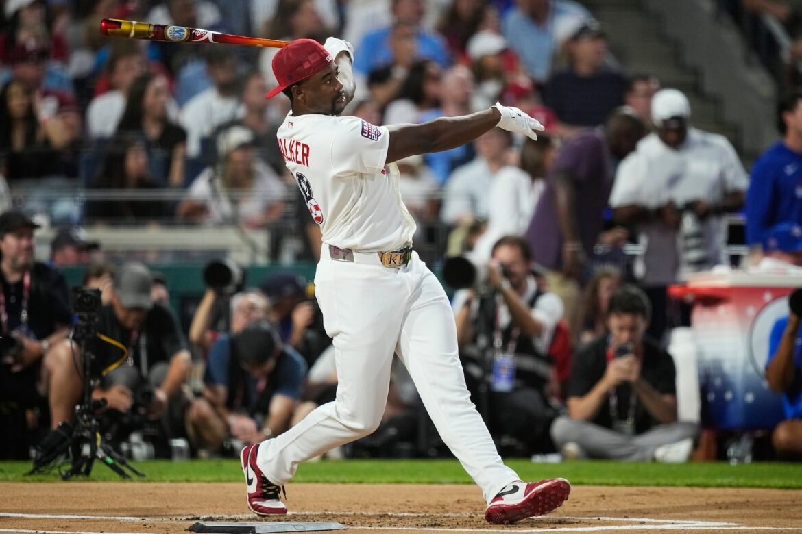 St. Louis Cardinals' Jordan Walker follows through on a swing as he competes during the MLB baseball All-Star Home Run Derby, Monday, July 13, 2026, in Philadelphia. (AP Photo/Matt Slocum)