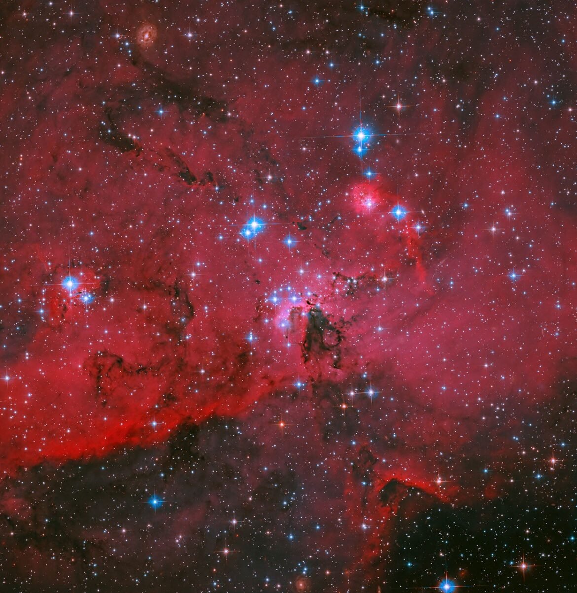 NASA's Hubble Captures Crimson Cloud Sparkling with White, Blue Stars