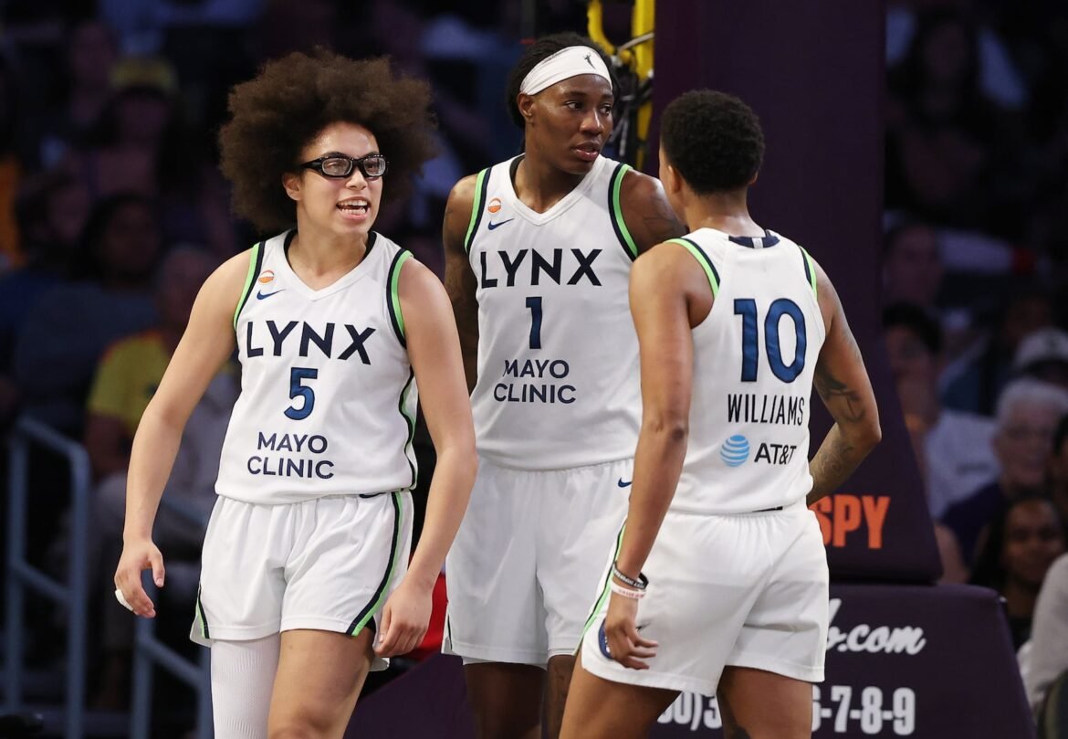 Watch Minnesota Lynx guards Olivia Miles, #5, and Courtney Williams, #10, and forward Natasha Howard, #1, look to lead their squad to a fourth straight win on Sunday, June 21 when they host the Washington Mystics. (Photo by Luiza Moraes/Getty Images)