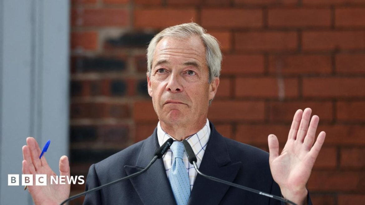 Reform UK leader Nigel Farage during an appearance on LBC's Nick Ferrari at Breakfast show, at the Global Studios in London on 24 September, 2025. He wears a dark jacket, blue tie with light blue dots and a white shirt with light blue checks.