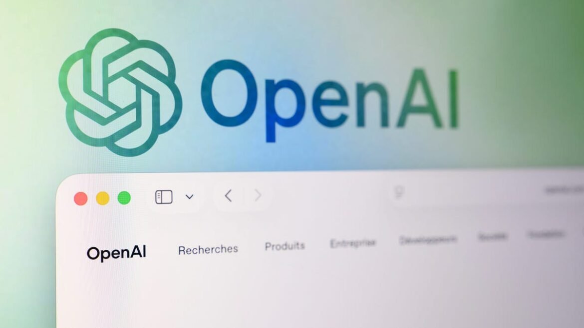 The OpenAI website homepage is displayed on a computer screen with the company's logo as a background image