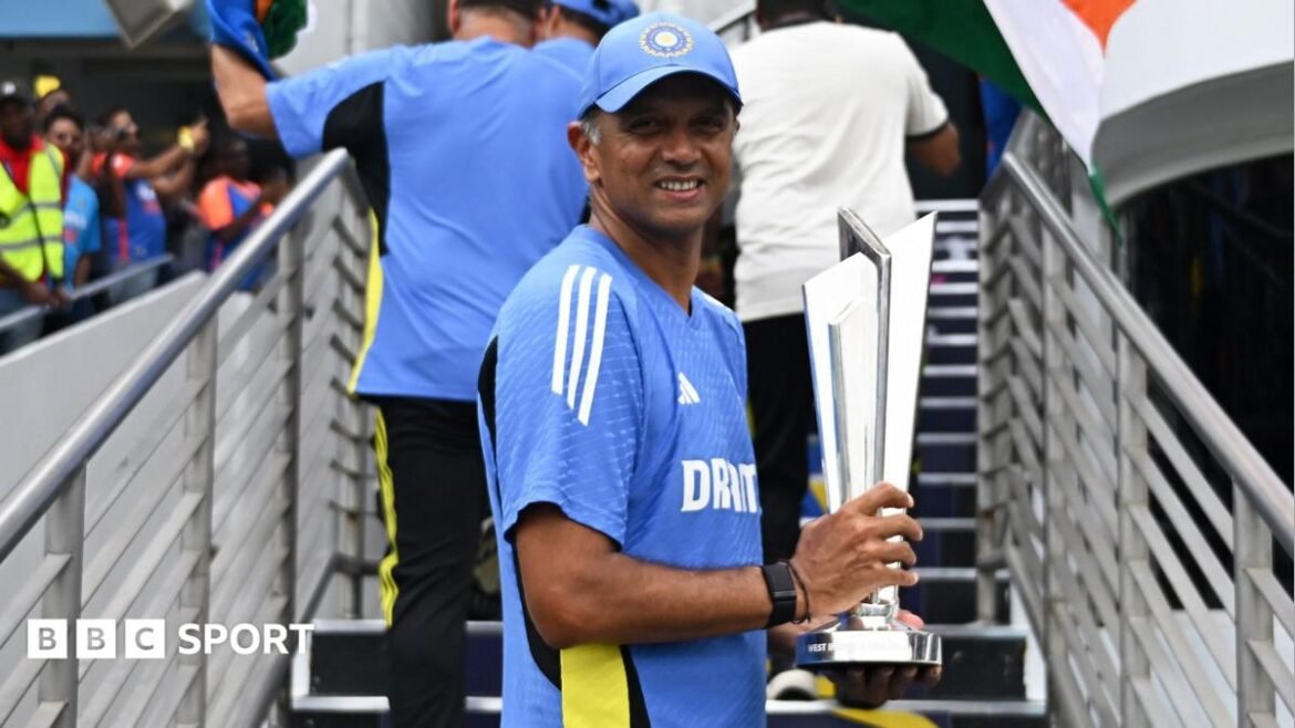 Rahul Dravid holding the T20 World Cup trophy after guiding India to victory at the tournament in 2024