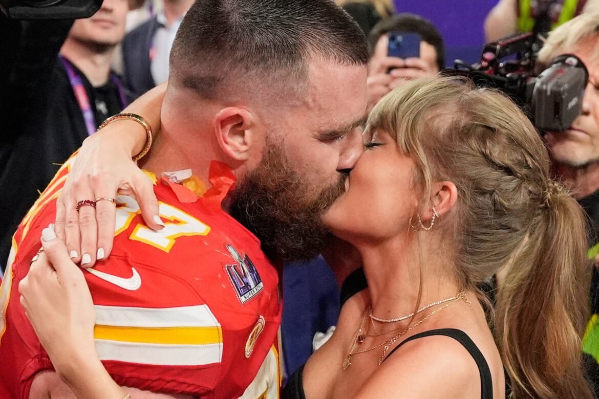 Kansas City Chiefs tight end Travis Kelce (87) and Taylor Swift kiss after the Chiefs defeated the San Francisco 49ers in the NFL Super Bowl 58 football game on Feb. 11, 2024, in Las Vegas.
