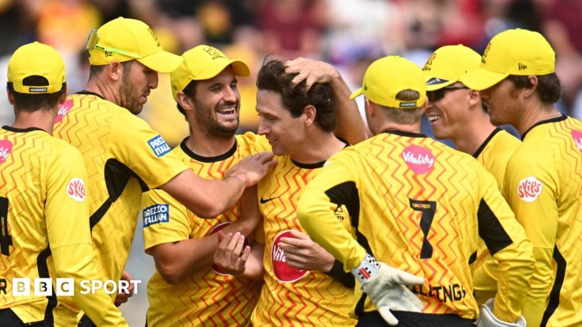 Matt Henry of Trent Rockets celebrates with team-mates after taking the wicket of Phil Salt of Welsh Fire
