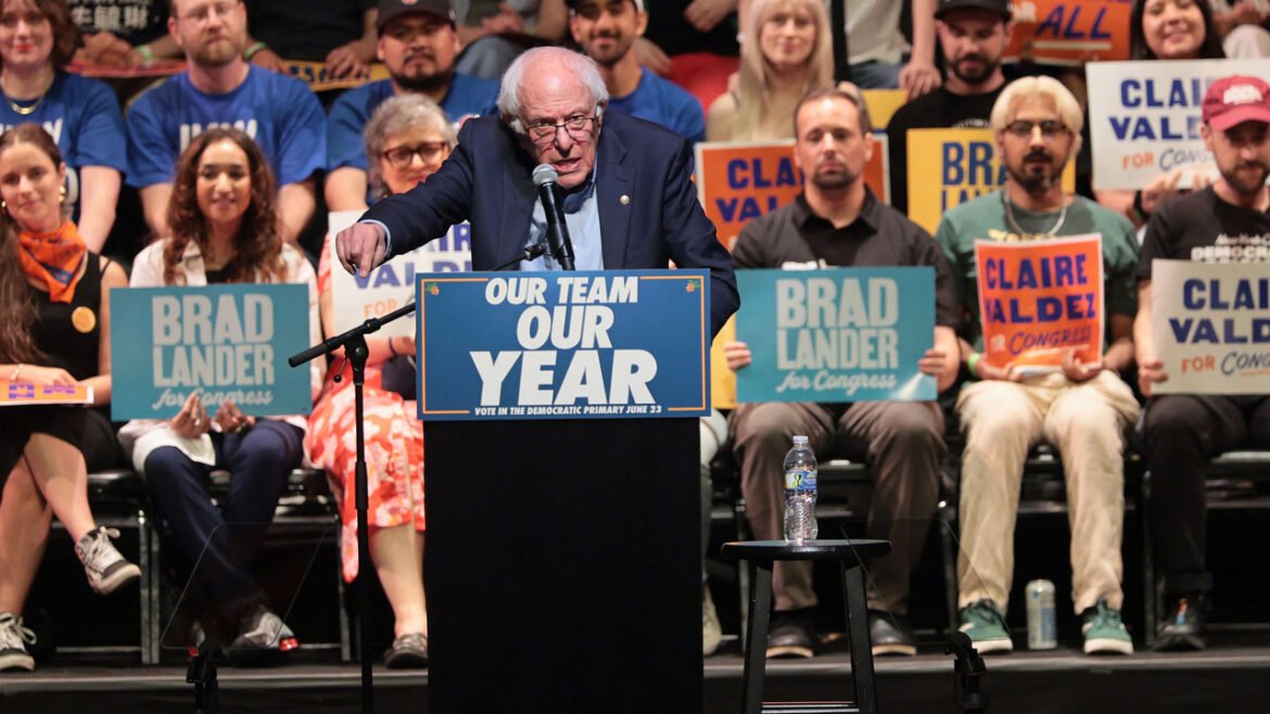 Socialst Sen. Bernie Sanders (I-VT) speaks during a Get Out the Vote (GOTV) rally at Kings Theater on June 18, 2026 in New York City. Sanders joined Mayor Zohran Mamdani ahead of next week's primary, and the start of early voting on Saturday, as the pair campaigned for Brad Lander, Claire Valdez and Darializa Avila Chevalier, who are challenging incumbents in Democratic primary contests. (Photo by Michael M. Santiago/Getty Images)