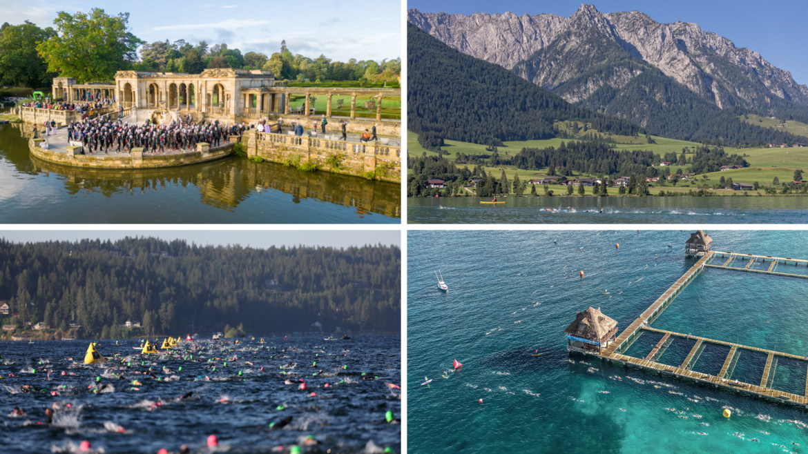 composite image of triathletes swimming in multiple types of venues, from a castle to in front of mountains and trees