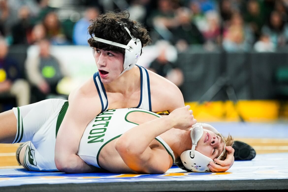 Paul Kenny of Christian Brothers wrestles Tommy Marchetti of Delbarton during the final round match at 126 pounds at the NJSIAA Wrestling State Championship at Boardwalk Hall in Atlantic City, New Jersey on Saturday, March 14, 2026.