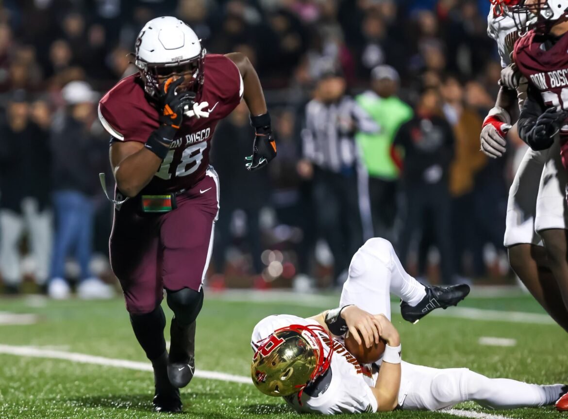 Mikahi Allen (18) of Don Bosco Prep celebrates after sacking Trey Tagliaferri (12) of Bergen Catholic  during the football NJSIAA Non-Public A state semifinal at Don Bosco Preparatory High School in Ramsey, NJ on Friday November 21, 2025