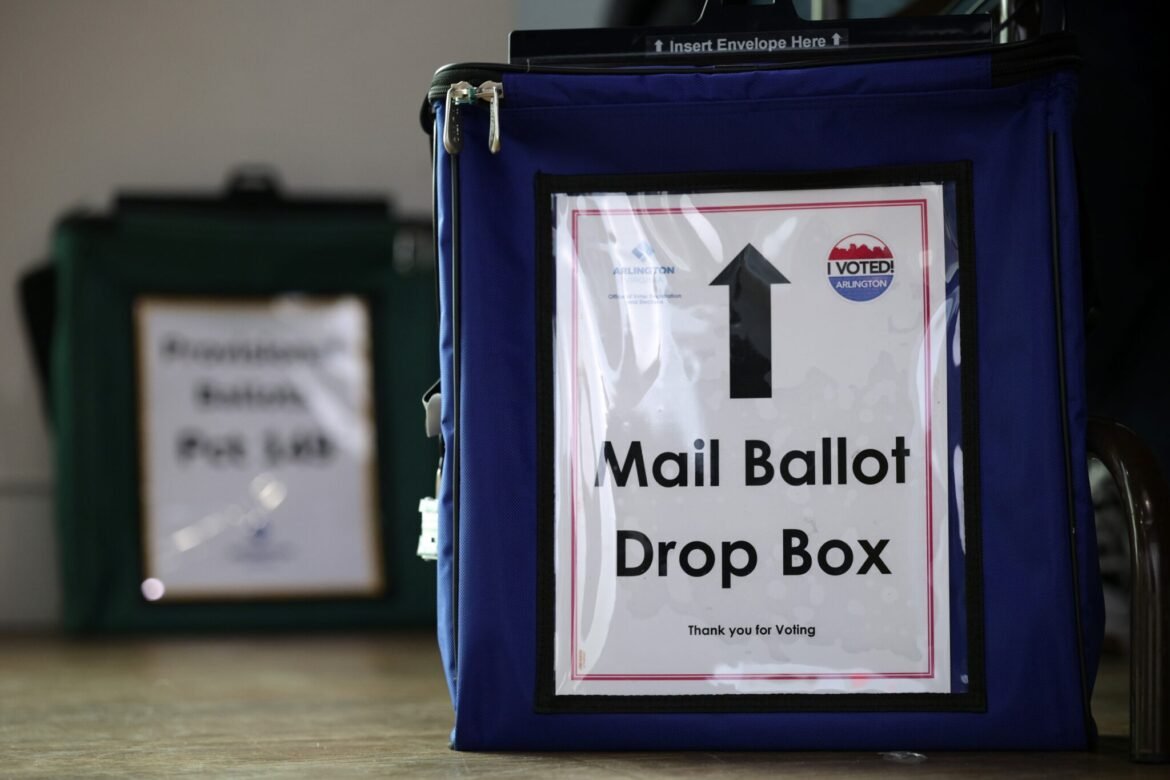 A mail ballot drop box is seen at a polling station on Nov. 4, 2025 in Arlington, Virginia. (Photo by Alex Wong/Getty Images)