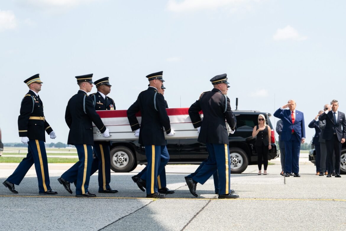 Soldiers at Dover Air Force Base in Delaware on July 22, 2026, carry Army 1st Lt. Tyler James Feehan, who died July 18, 2026, from injuries suffered during an enemy attack on July 17, 2026, at Muwaffaq Salti Air Base, Jordan. (Photo by Jason Minto/U.S. Air Force)