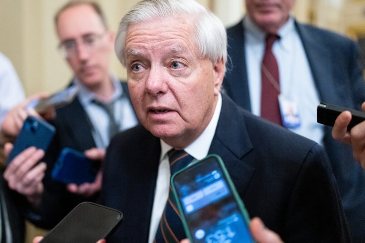 UNITED STATES - MARCH 4: Sen. Lindsey Graham, R-S.C., speaks to reporters as he leaves the Senate Republicans' lunch meeting in the U.S. Capitol on Wednesday, March 4, 2026. (Bill Clark/CQ-Roll Call, Inc via Getty Images)