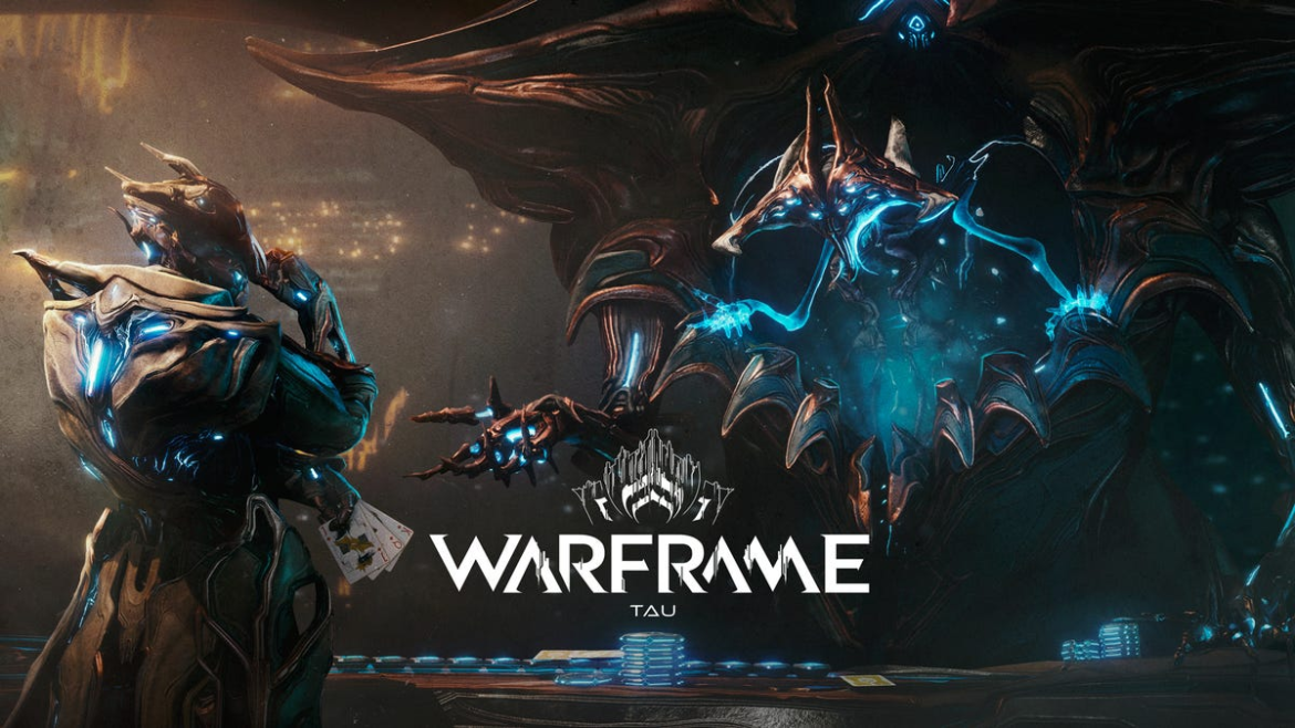 Warframe Tau expansion key art featuring new Warframe and world.