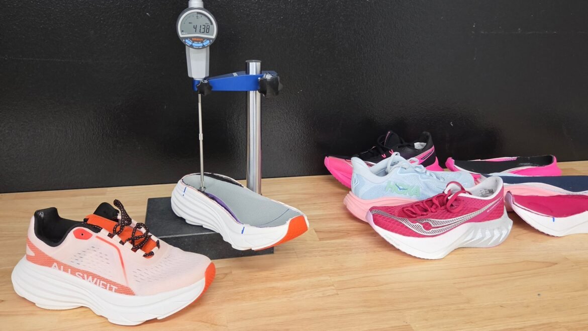 Budget and performance-brand shoes being cut up and measured for lab testing