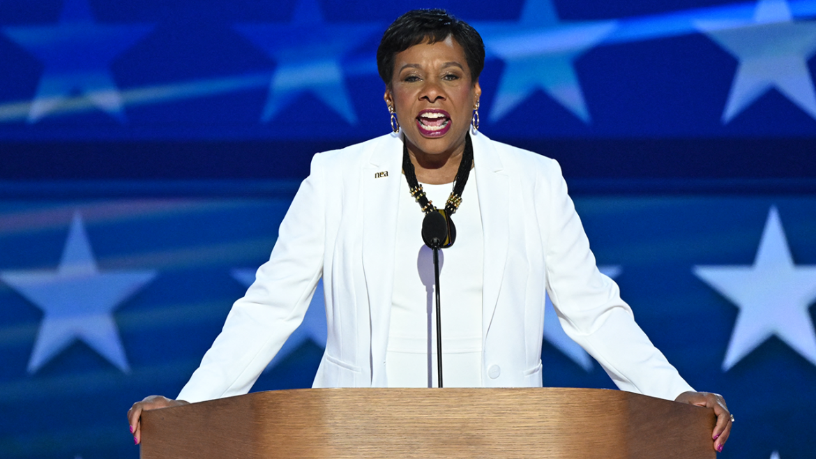 WASHINGTON - AUGUST 22: Becky Pringle, President of the National Education Association, speaks during the final night of the 2024 Democratic National Convention in Chicago on Thursday, August 22, 2024. (Bill Clark/CQ-Roll Call, Inc via Getty Images)