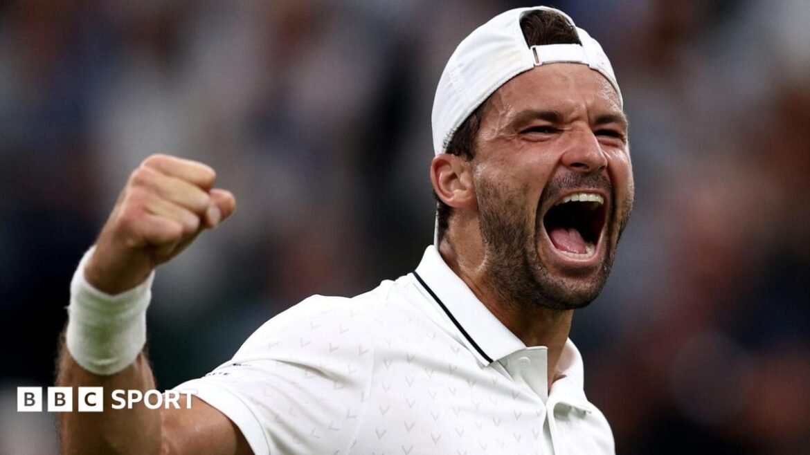 Grigor Dimitrov punches the air in celebration after beating Jakub Mensik at Wimbledon 