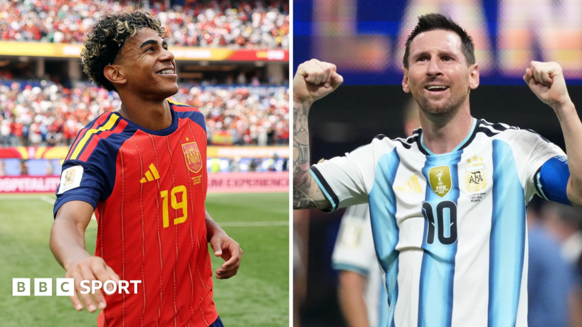 A split image of Spain's Lamine Yamal and Argentina's Lionel Messi celebrating in their team kits