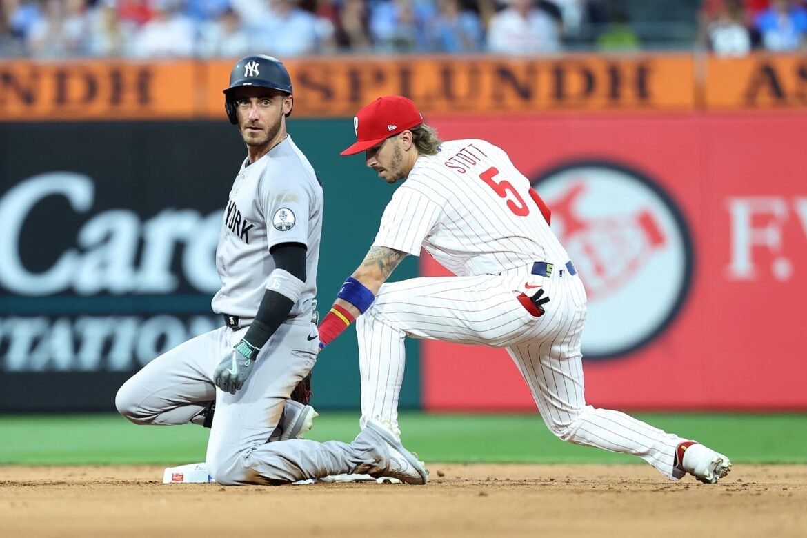 Yankees left fielder Cody Bellinger felt some left hamstring discomfort running out this eighth-inning double on Saturday night in Philadelphia.