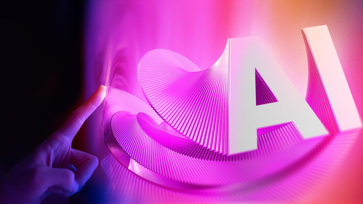 The letters AI off-center against an abstract backdrop with a textured pink helix