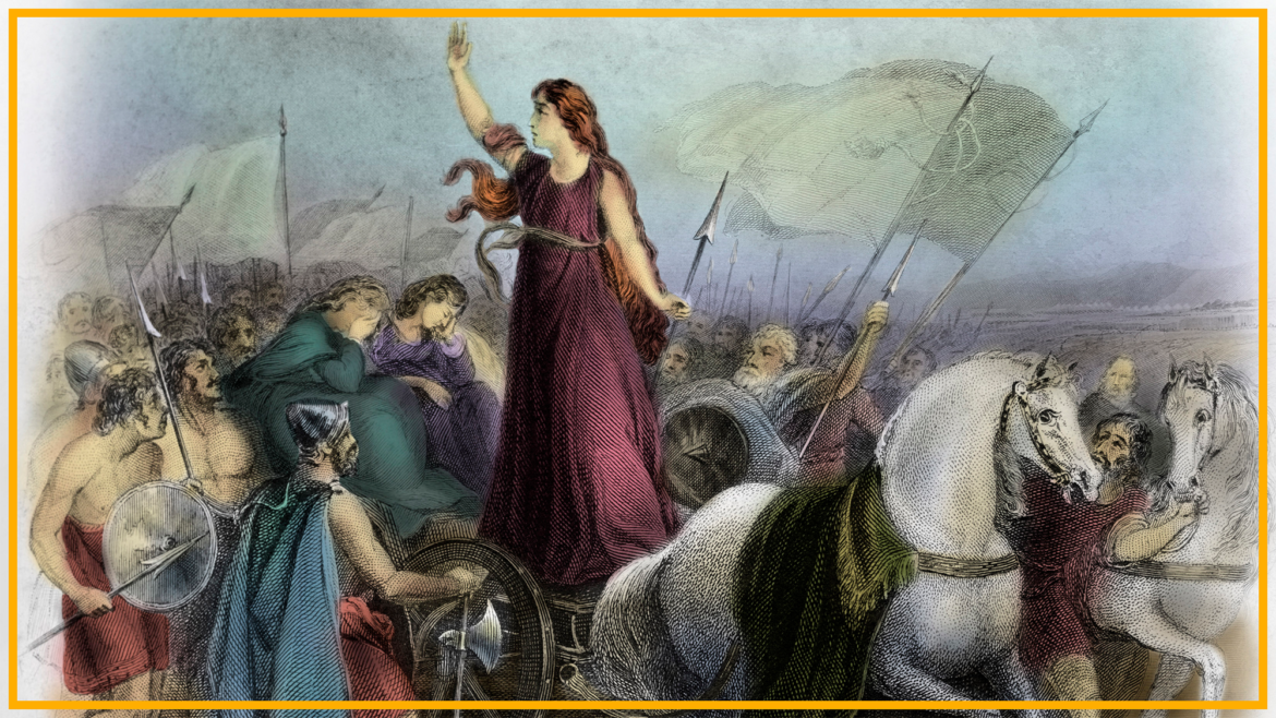A painting showing a woman raising her arm in a chariot surrounded by people