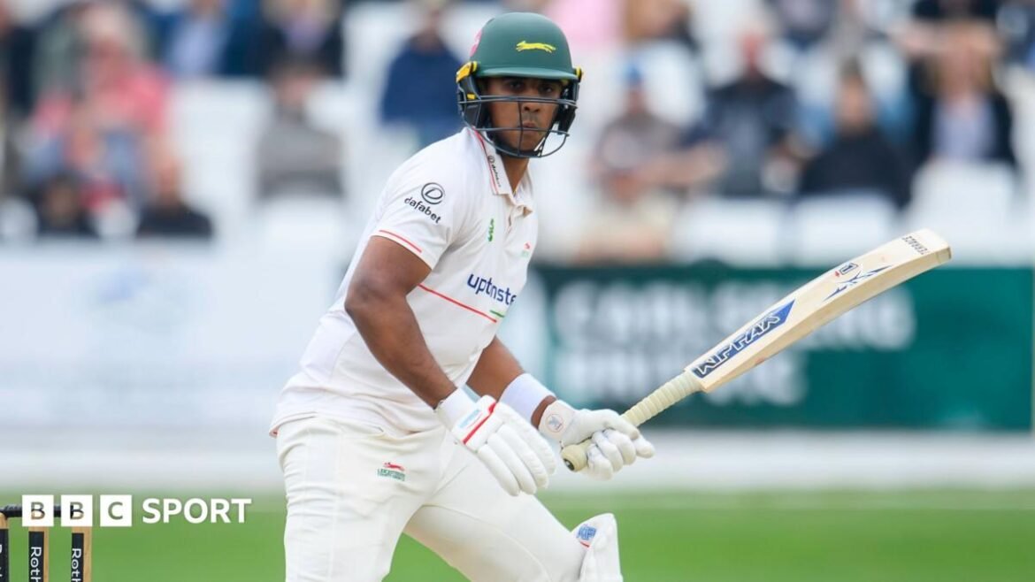 Leicestershire opener Rishi Patel looks in after playing a shot at Scarborough