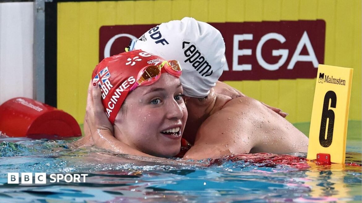 Adam Ramsay-Peaty dives at the start of his 50m breaststroke heat at the 2026 European Aquatics Championships in Paris