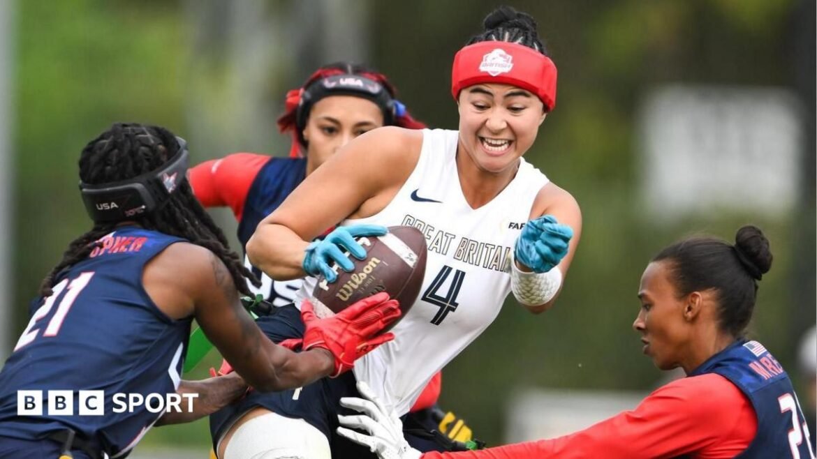 Angelica Tait is tackled during Great Britain's semi-final defeat by the USA at the 2026 Flag Football World Championships