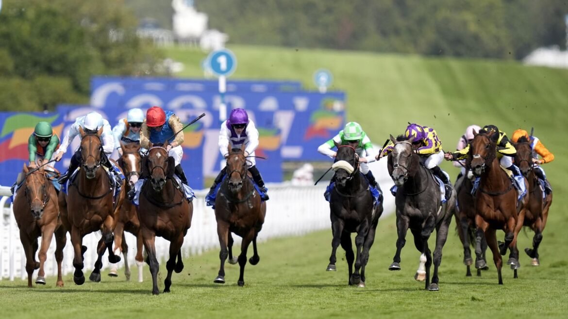 Evening Saigon (red cap), ridden by James Doyle, on the way to winning the Coral Stewards' Cup during day five of the Goodwood Festival