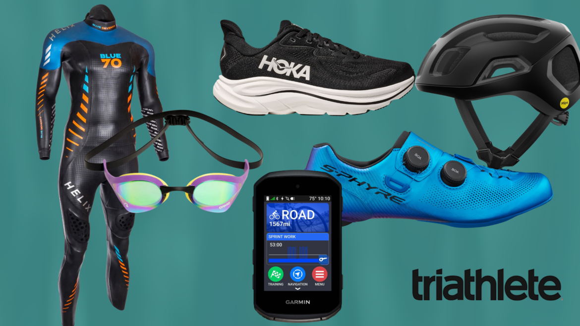 composite image with teal background with cut out product images of wetsuit, goggles, cycling computer, helmet, cycling shoe, and running shoe