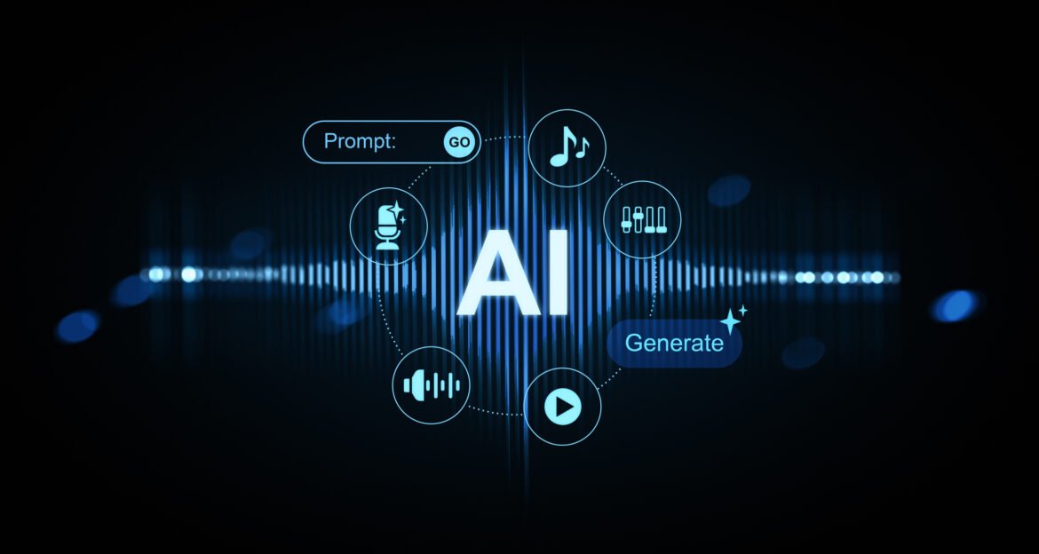 AI-based music generation interface with sound icons and glowing waveform, 3D Rendering style, on a dark tech background
