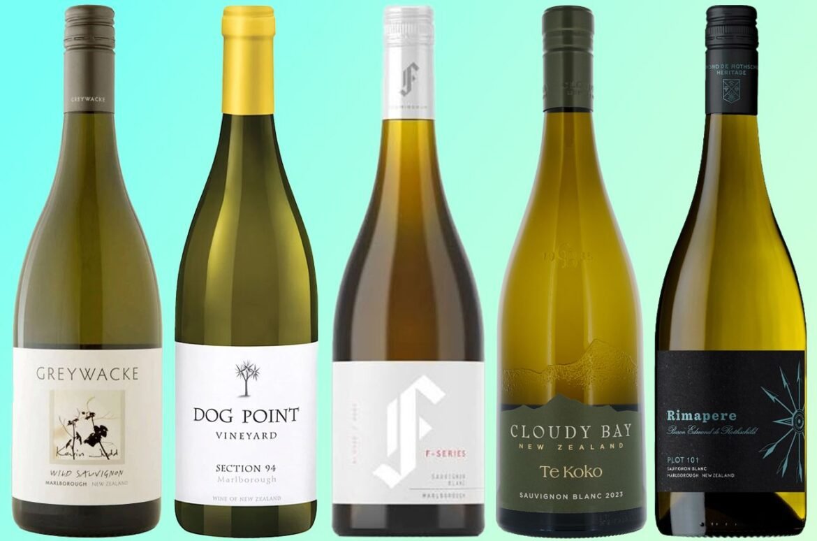 five bottles of New Zealand Sauvignon Blanc