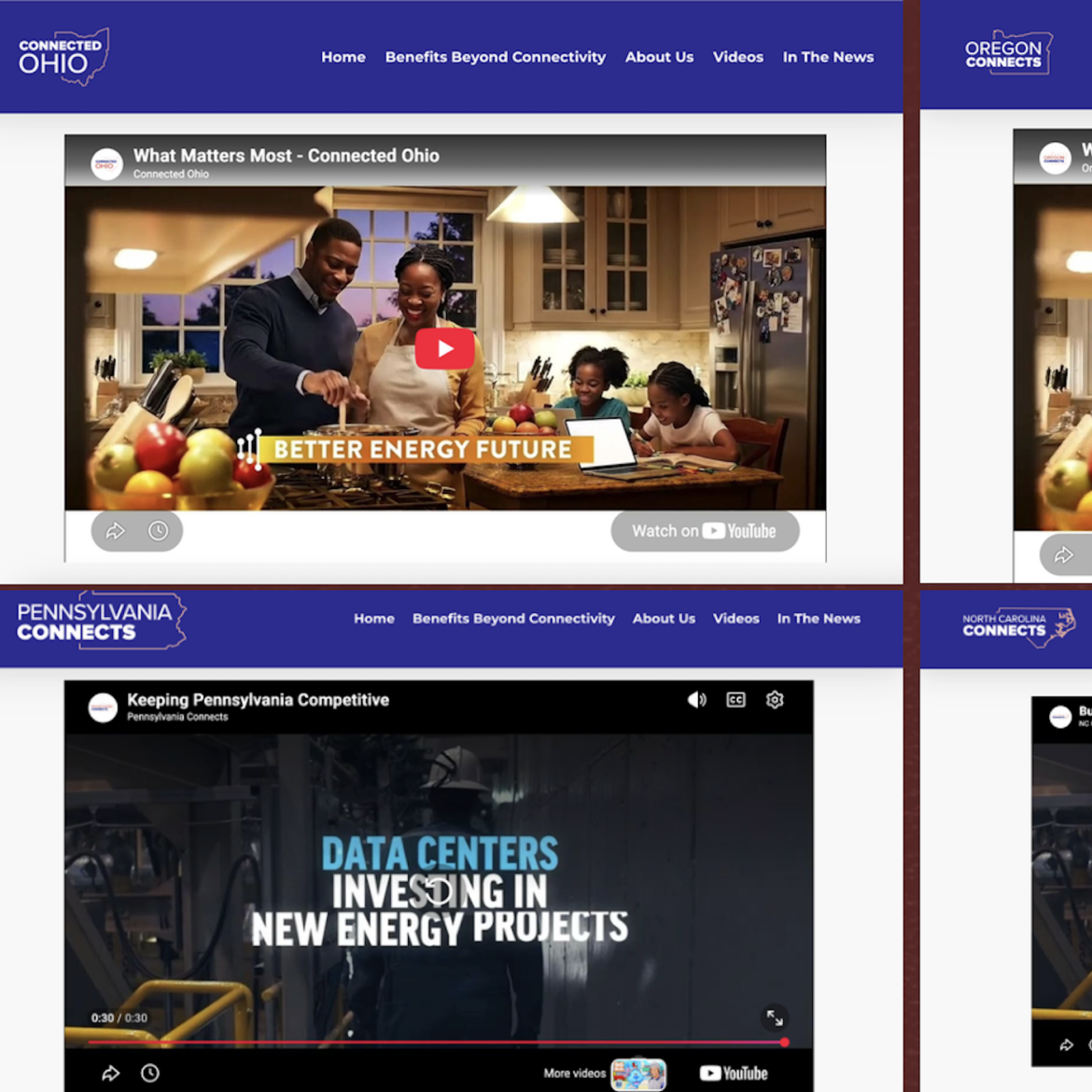 Screen grabs of similar videos, clockwise from the left, from Connected Ohio, Oregon Connects, Pennsylvania Connects and North Carolina Connects. The groups were founded by leaders at the Data Center Coalition, a nonprofit data center advocacy group backed by large tech companies. (Collage by Alex Baumhardt/Oregon Capital Chronicle)