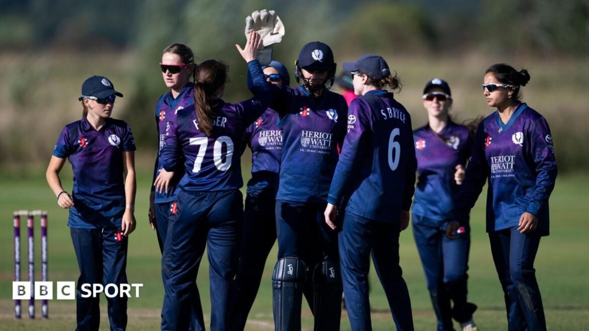 Scotland players celebrate a wicket against the Netherlands