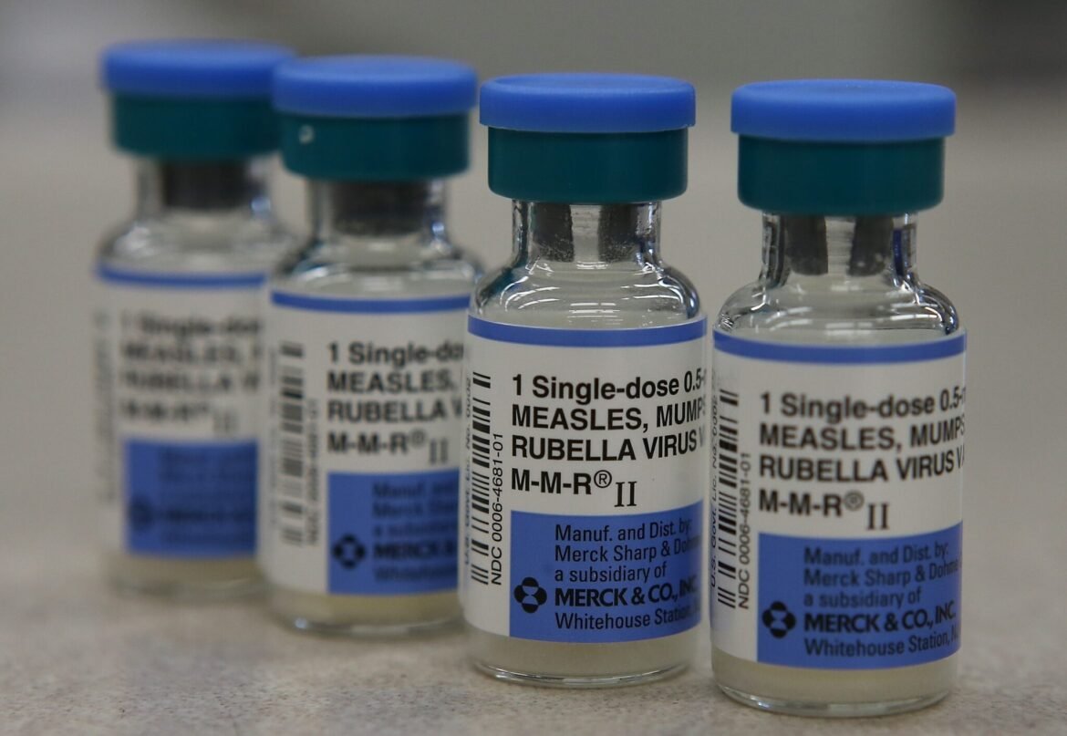 Vials of measles, mumps and rubella vaccine are displayed on a counter at a Walgreens Pharmacy on Jan. 26, 2015 in Mill Valley, California. &nbsp;(Photo by Illustration Justin Sullivan/Getty Images)
