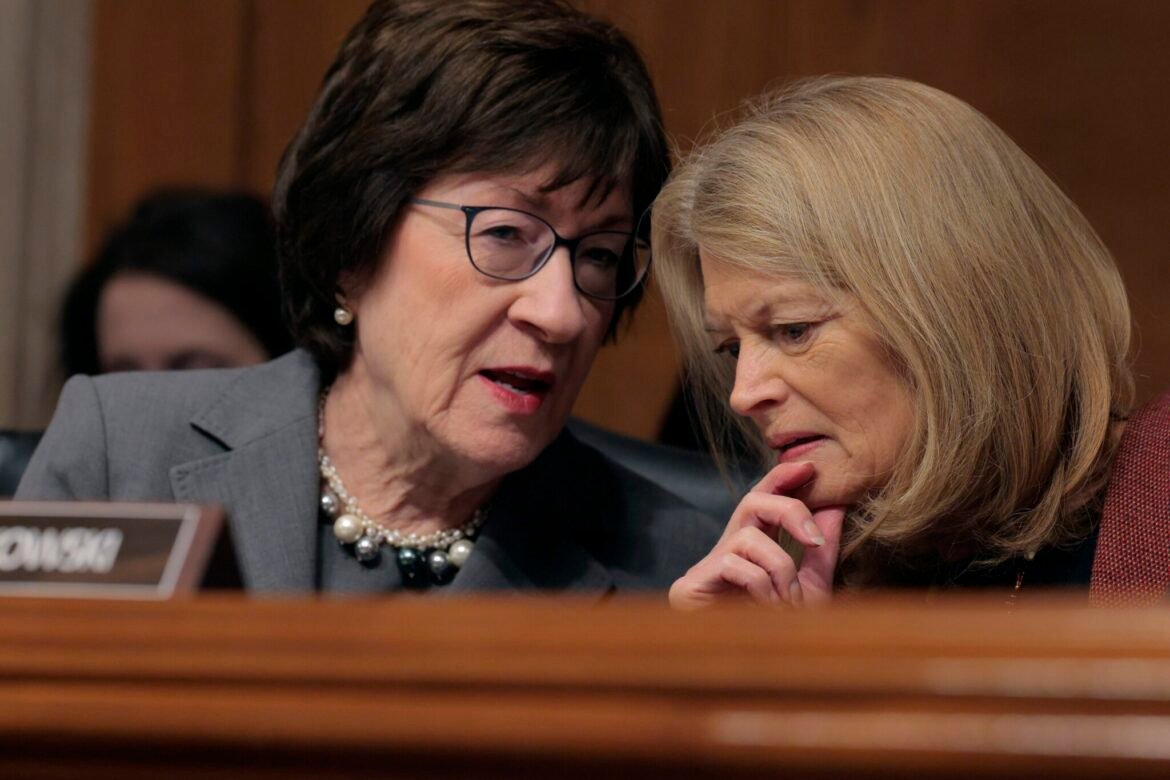 Republican U.S. Sens. Susan Collins of Maine, left, and Lisa Murkowski of Alaska talk during a U.S. Senate Health, Education, Labor and Pensions Committee hearing in February 2025. The two were the only Republicans on the committee to vote for a bill to block Education Department interagency agreements July 30, 2026. (Photo by Chip Somodevilla/Getty Images)