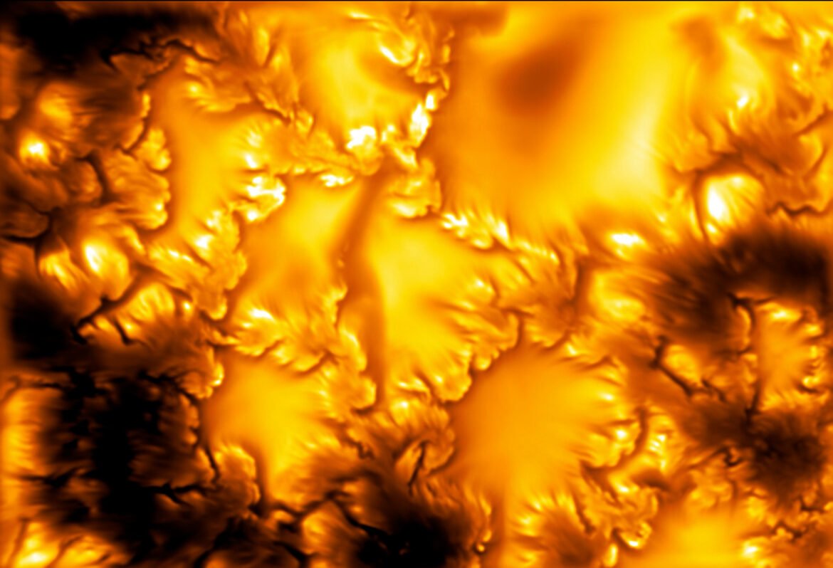 A still from the video showing the sun’s surface. There is a lot of contrast and details are easily seen.