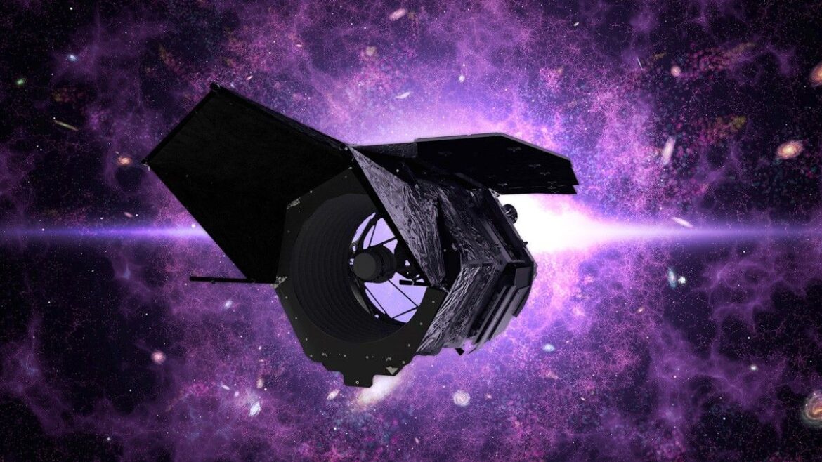 Image shows an illustration of the Nancy Grace Roman Space Telescope with a galaxy illustration in the background. Formerly known as WFIRST, is an upcoming space telescope designed to perform wide-field imaging and spectroscopy of the infrared sky.