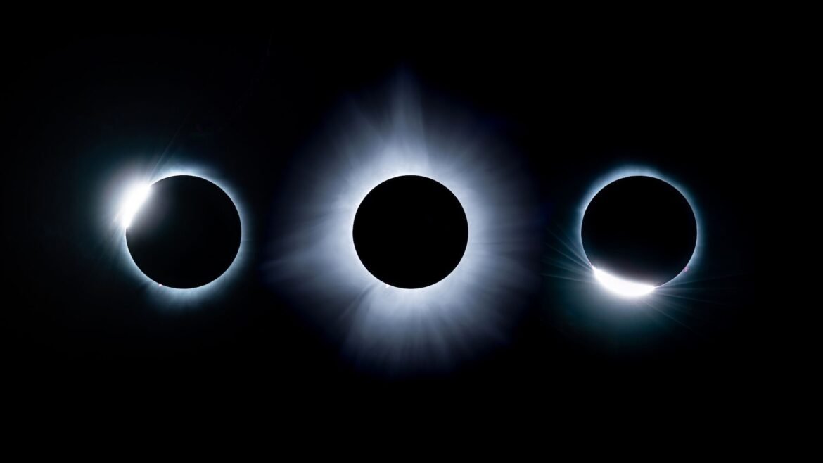 Composite view showing three images of the phases of a solar eclipse next to one another: totality is seen in the middle and the diamond ring stages on either side. 