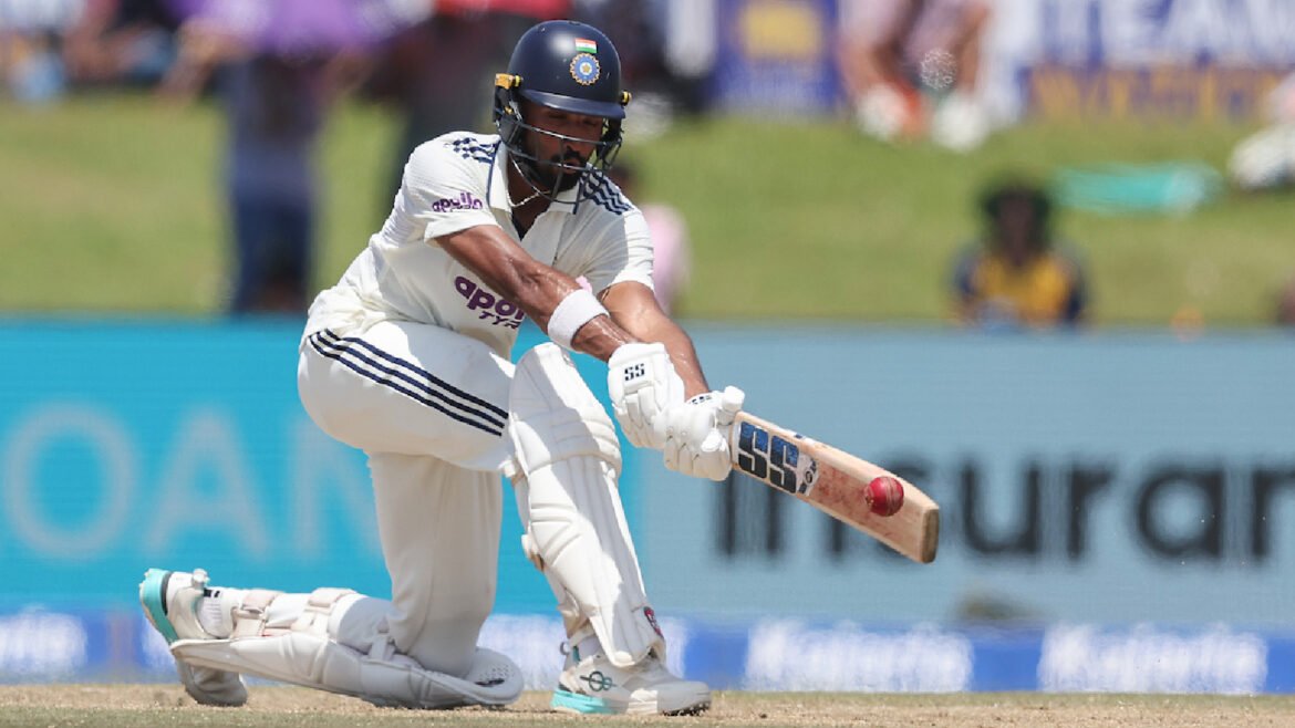 Devdutt Padikkal of India plays a shot during Day 4 of the 1st Test match between Sri Lanka and India at the Galle International Stadium, Galle, Sri Lanka, on August 18, 2026.