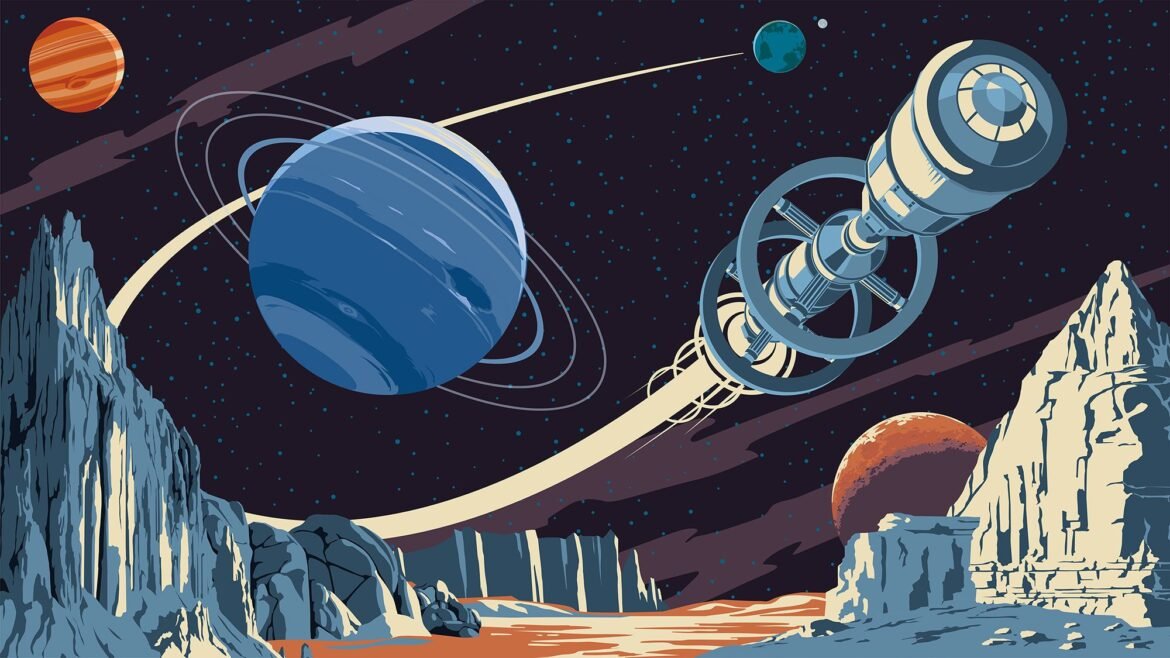 A cartoon showing a cylindrical spacecraft flying by planets.