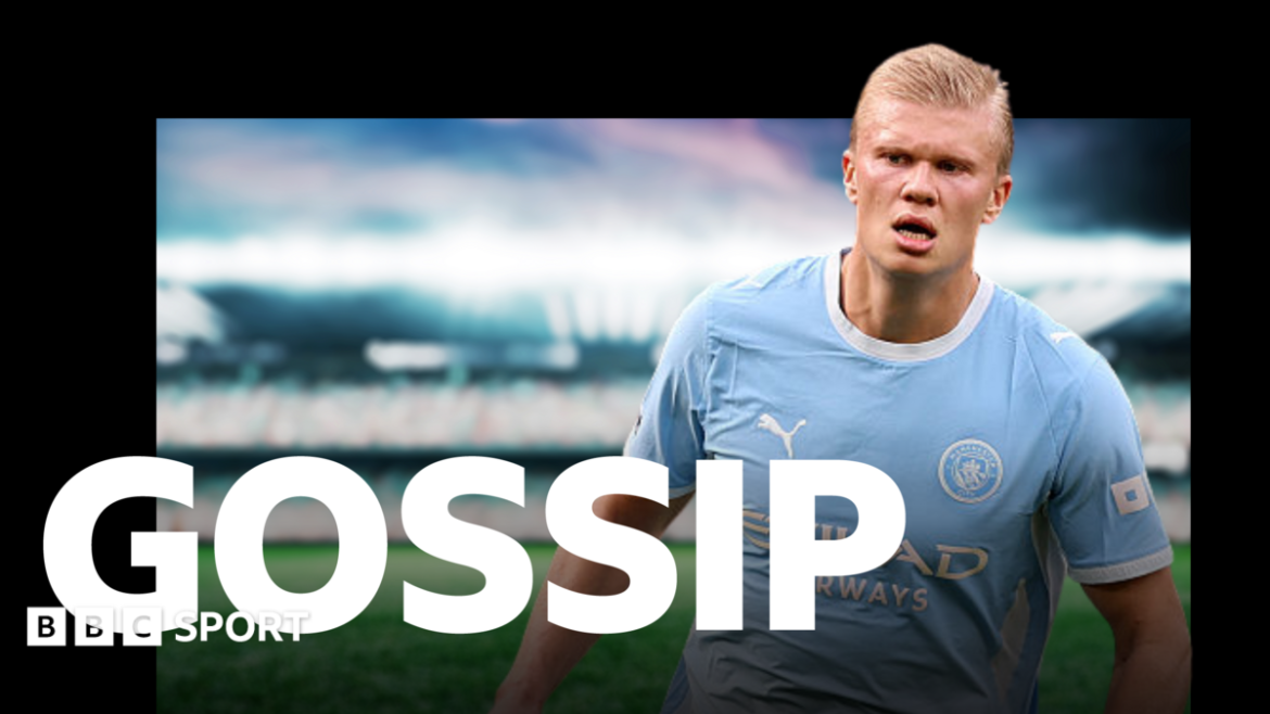 Erling Haaland for Manchester City, and the BBC Sport Gossip banner