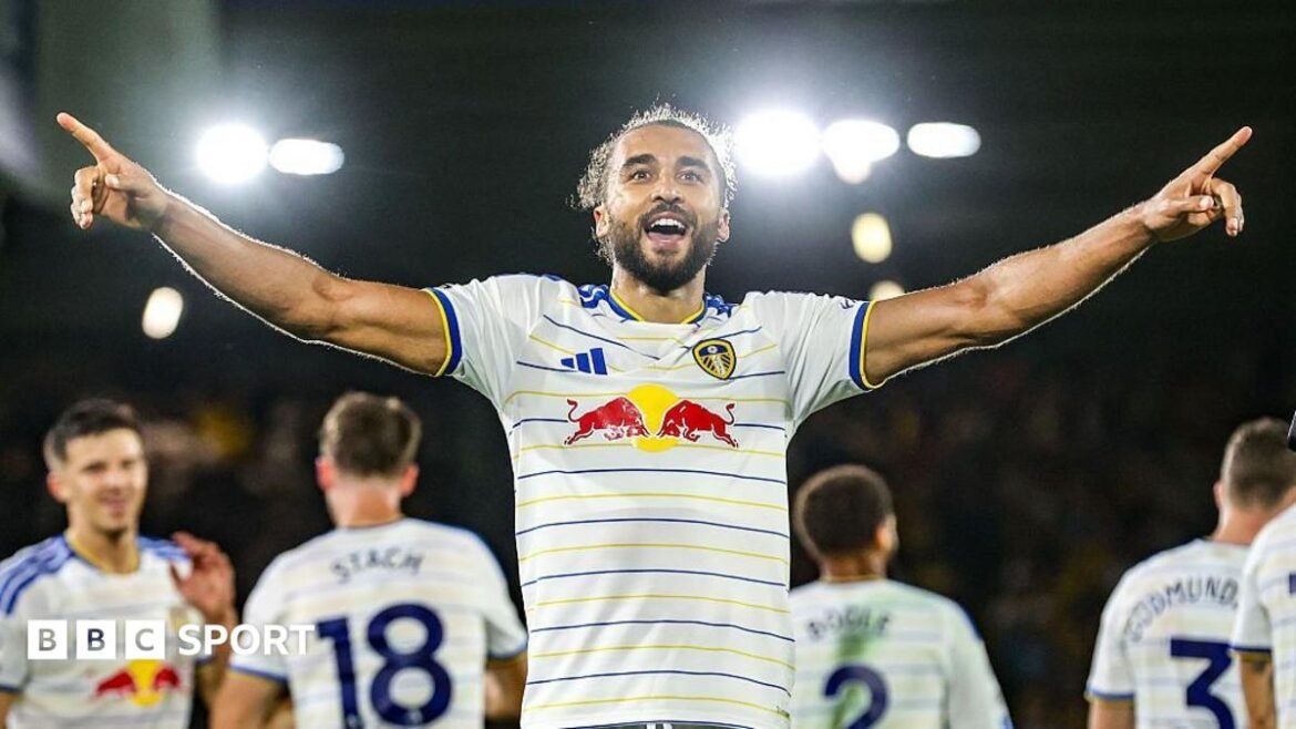 Dominic Calvert-Lewin celebrates after scoring for Leeds United against Newcastle United