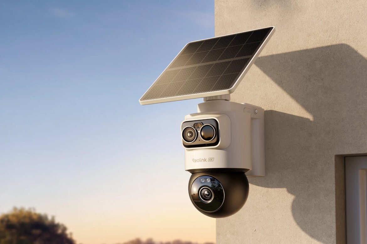 Reolink dual-lens camera on building side.
