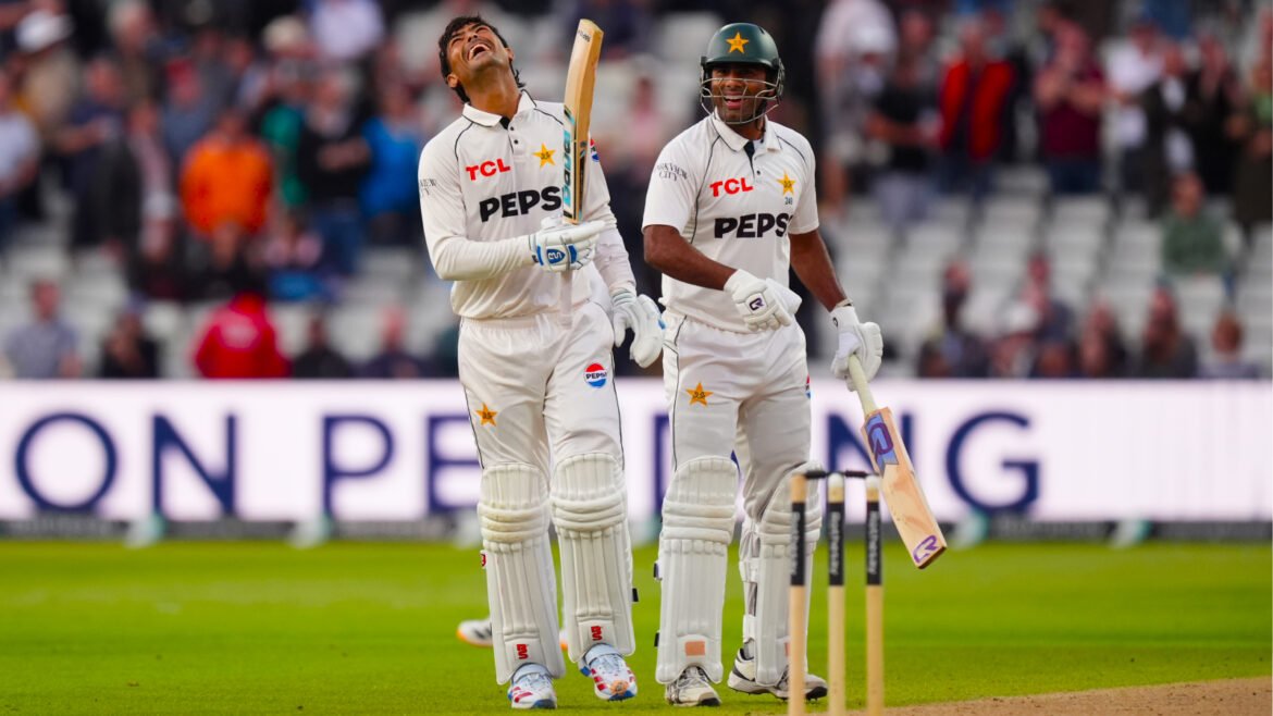 Pakistan's Razaullah reacts after being stumped by England's Jordan Cox with batting partner Mohammad Ali on day three of the third cricket Test between England and Pakistan in Birmingham. (PA via AP)