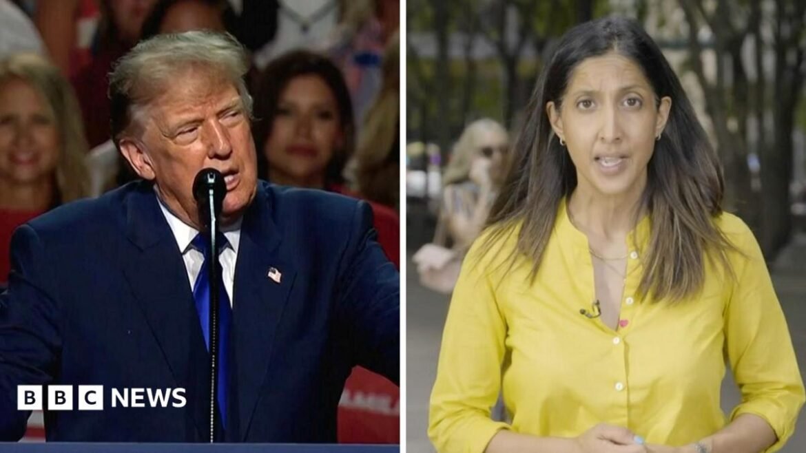 A splitscreen of Trump on the left and a woman in a yellow shirt on the right.