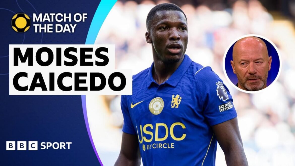 Moisés Caicedo playing for Chelsea and Alan Shearer in the Match of the day studio 