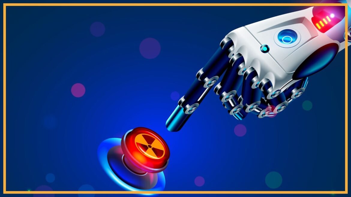 a robot hand hitting a red button
